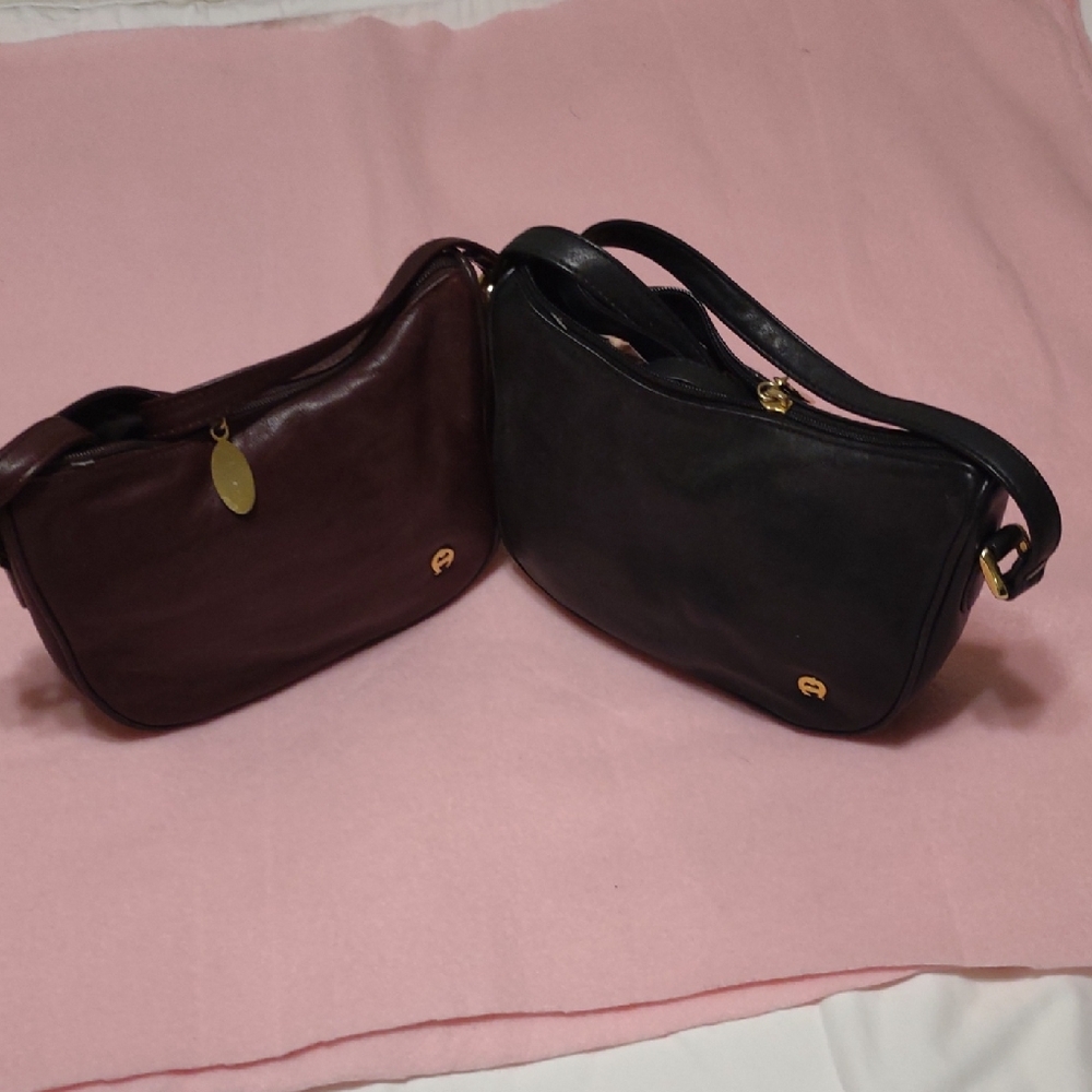 2 Elegant ETIENNE Aigner Leather Crossbody Bags - Black and Wine. Excellent Cond